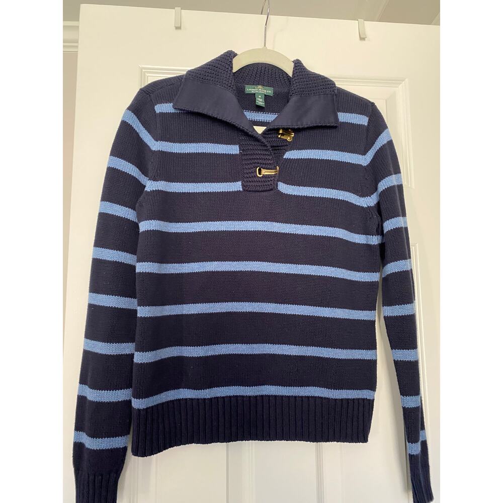 Lauren Ralph Lauren Chunky Knit sweater Toggle buttons Size Medium Blue Strip